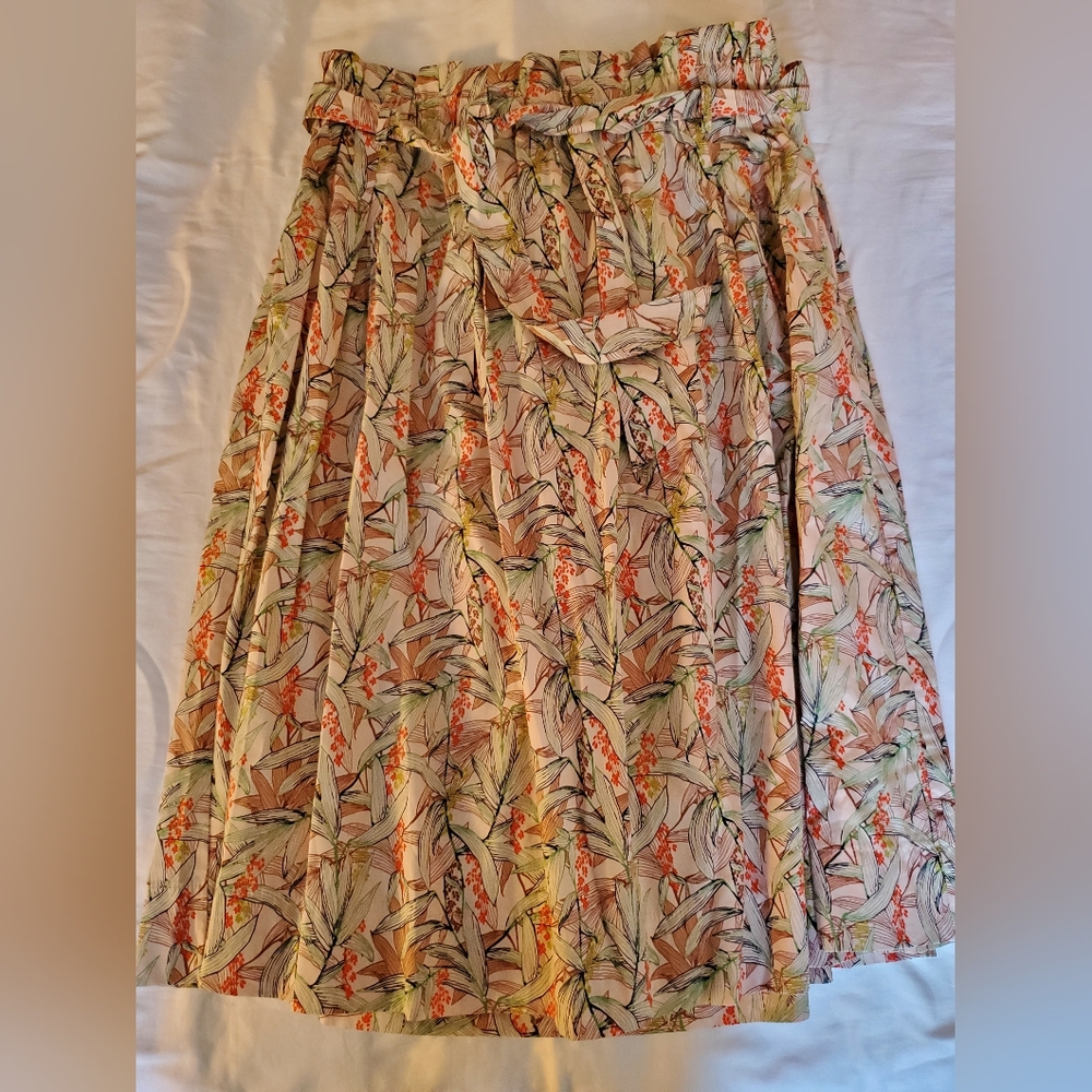 Floral Leaf Print Cotton Midi Skirt - Orange & Green